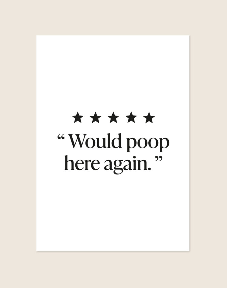 Minimalistische zwart-witte poster met vijf zwarte sterren en de tekst Would poop here again, sfeervol opgehangen aan een neutrale muur in een moderne toiletruimte.