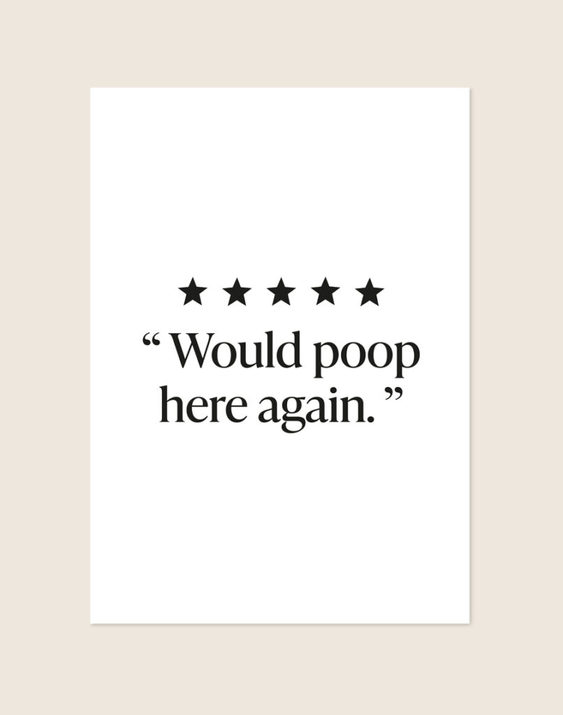 Minimalistische zwart-witte poster met vijf zwarte sterren en de tekst Would poop here again, sfeervol opgehangen aan een neutrale muur in een moderne toiletruimte.