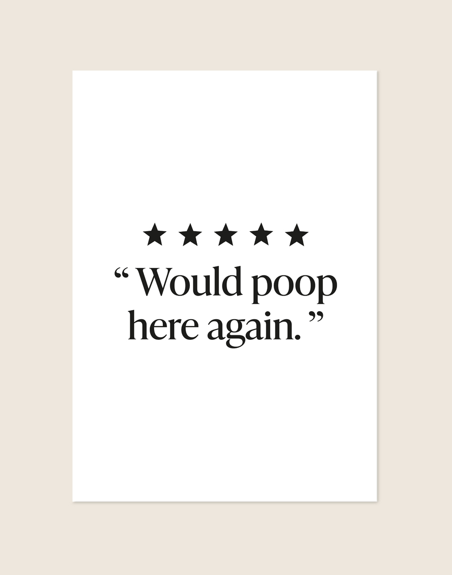 Minimalistische zwart-witte poster met vijf zwarte sterren en de tekst Would poop here again, sfeervol opgehangen aan een neutrale muur in een moderne toiletruimte.