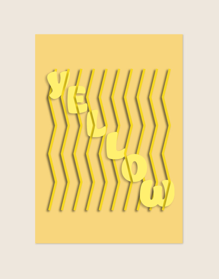 Grafische poster in gele tinten met het woord yellow in lichtgele ronde letters geplaatst tussen donkergele verticale zigzaglijnen, sfeervol opgehangen in een modern interieur.
