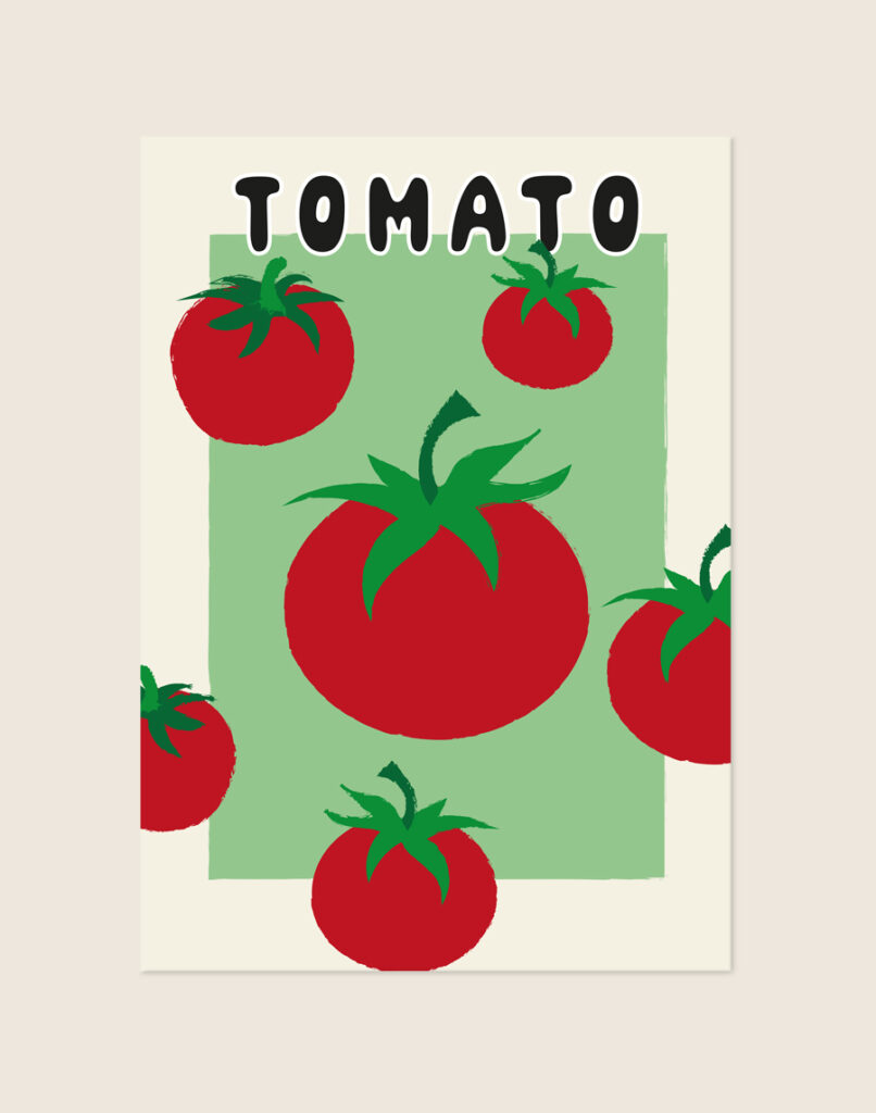 Sfeervolle culinaire poster van een rijpe rode tomaat, stijlvol opgehangen boven het aanrecht in een moderne keuken.