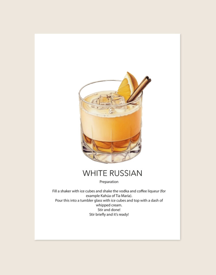 Stijlvolle typografische poster geïnspireerd op de klassieke White Russian cocktail, sfeervol opgehangen boven een moderne barcart met glazen in een woonkamer.