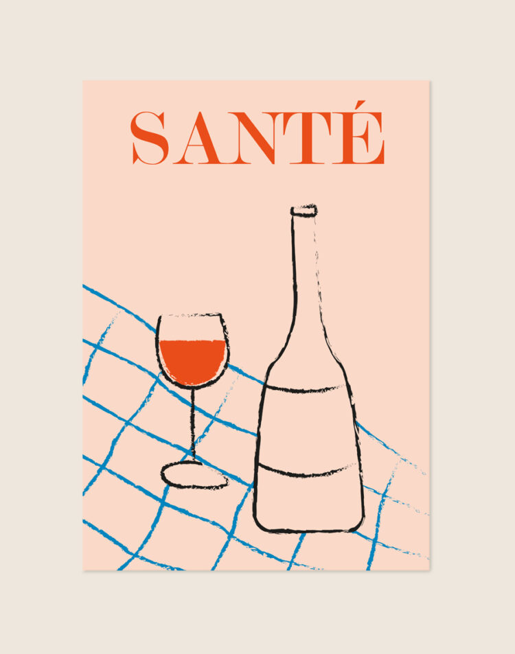 Elegant typografische poster met het Franse woord Santé, stijlvol opgehangen boven een dressoir met wijnglazen in een moderne eetkamer.