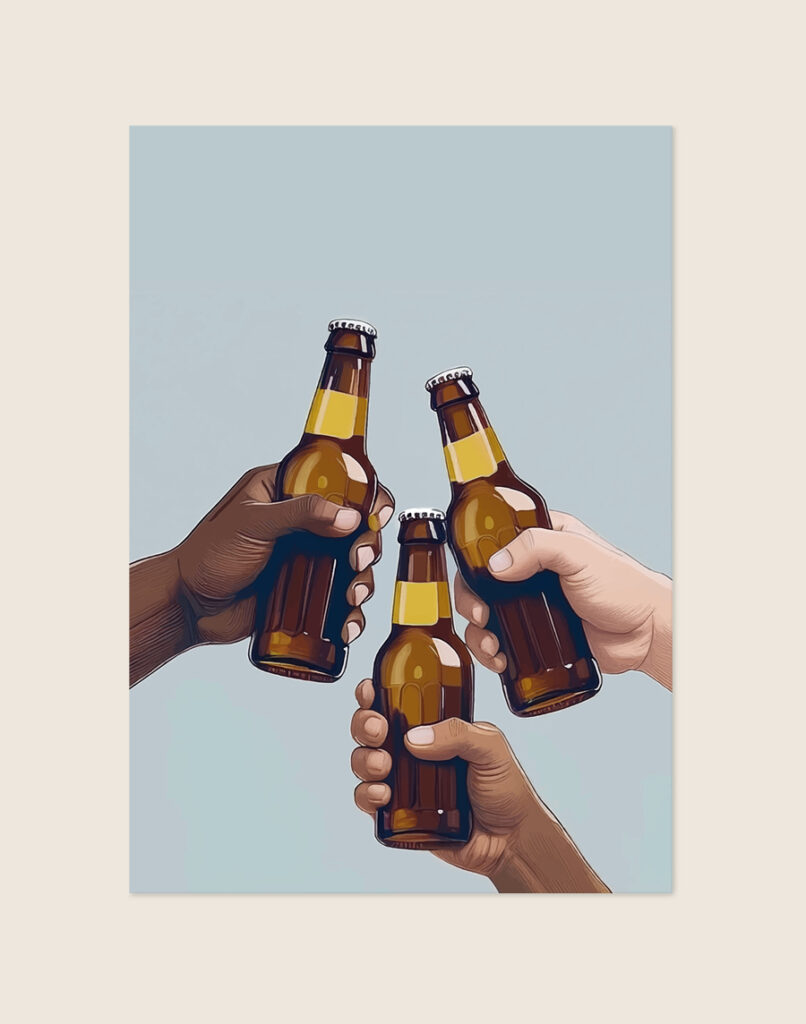 Stijlvolle typografische poster met de tekst Proost, sfeervol opgehangen aan de muur boven een barcart in een moderne woning.