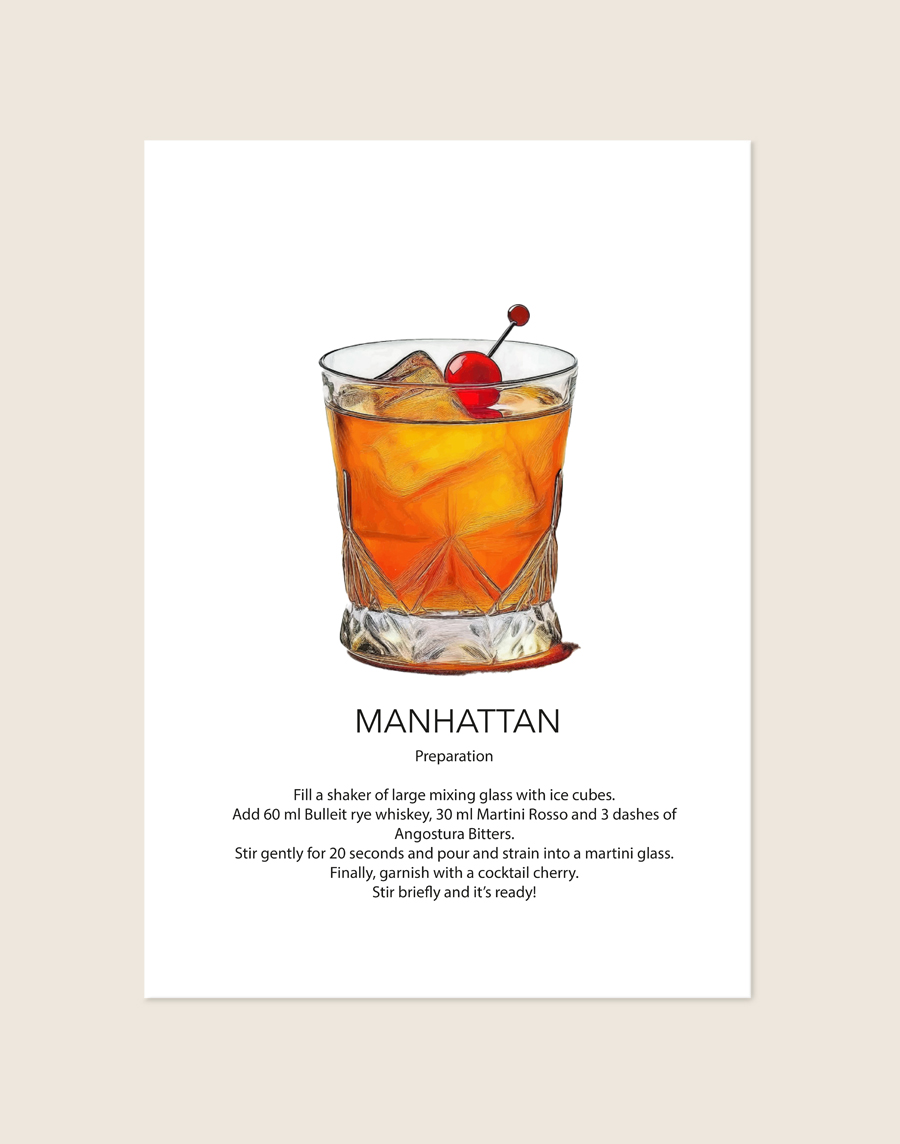 Stijlvolle poster geïnspireerd op de klassieke Manhattan cocktail, sfeervol opgehangen boven een barcart met glazen in een moderne woonkamer.