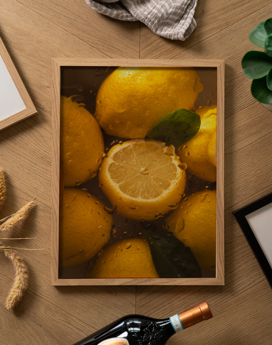 Een sfeervolle flatlay foto (van bovenaf genomen) op een lichtbruine houten vloer of tafel met een visgraatmotief. Centraal ligt een poster in een lichte houten lijst. De poster toont een donkere, sfeervolle close-up foto van heldergele citroenen, rijkelijk bedekt met waterdruppels. In het midden ligt een prachtig doorgesneden halve citroen, speels afgewisseld met enkele donkergroene blaadjes. Rondom de fotolijst liggen diverse decoratieve objecten: bovenaan een opgevouwen beige theedoek met witte streepjes, links enkele gedroogde graanhalmen en het hoekje van een andere lichte houten fotolijst. Rechtsboven is een stukje van een groen kamerplantje zichtbaar, rechtsonder de hoek van een zwarte fotolijst, en onderaan ligt de hals van een donkere wijnfles met een koperkleurige dop.