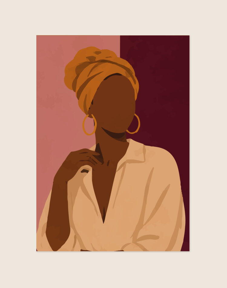 Een abstracte, minimalistische faceless poster van een vrouw met een donkere huid. Ze draagt een okergele headwrap, grote gouden oorringen en een losse beige blouse. De achtergrond is verticaal gesplitst in twee grote kleurvlakken: oudroze aan de linkerkant en diep bordeauxrood aan de rechterkant.