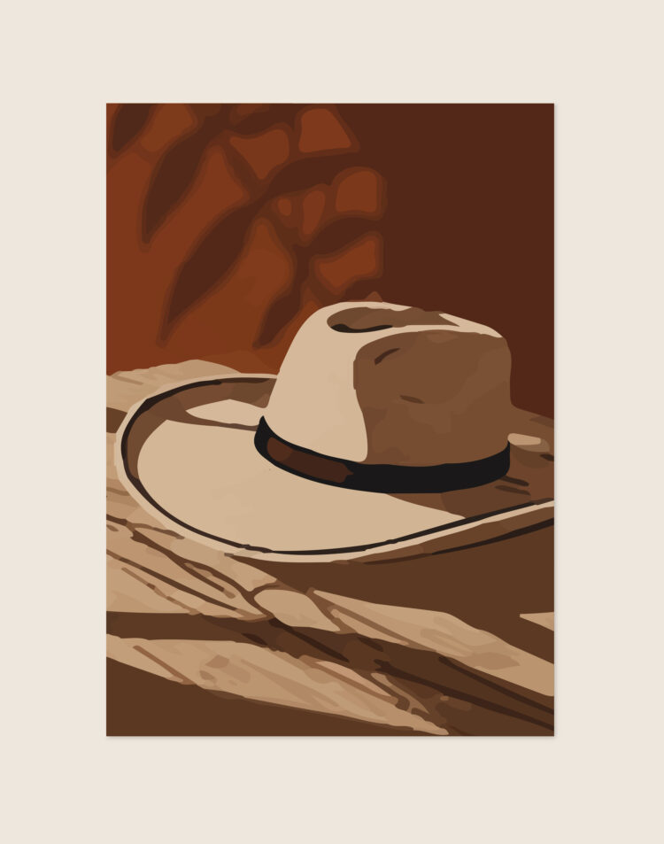 Een abstracte, grafische poster in warme aardetinten. Centraal staat een lichte beige cowboyhoed met een donkere band, rustend op gestileerde houten planken. Op de warme, terracotta-kleurige achtergrond vallen decoratieve, donkere schaduwen van botanische bladeren.