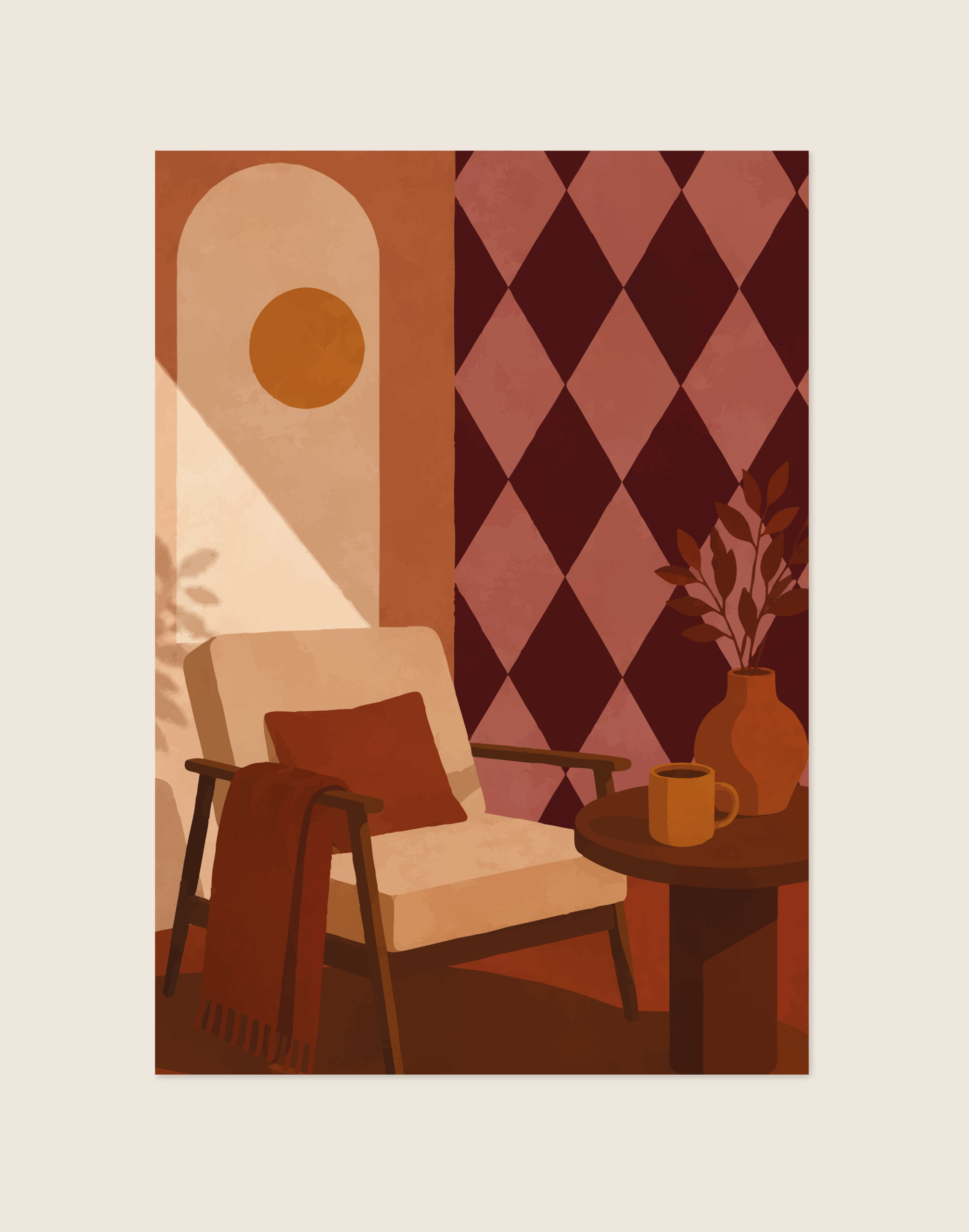 Een abstracte, boho poster van een gezellige zithoek in warme aardetinten. Centraal staat een lichte fauteuil met een rood kussen en een donkerrode plaid. Daarnaast staat een rond, donkerbruin tafeltje met een okergele mok en een vaas met takken. Op de achtergrond is rechts een opvallend ruitenpatroon in donkerrood en oudroze te zien. Links valt sfeervol, schuin zonlicht met plantenschaduwen naar binnen door een boogvormige opening.