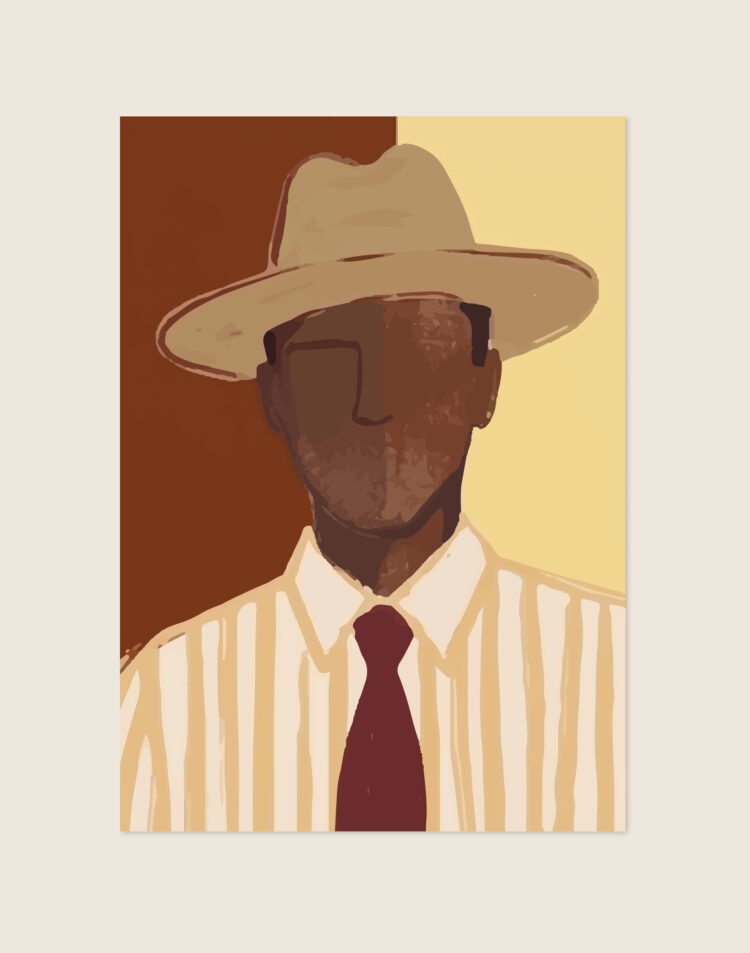Een abstract, minimalistisch 'faceless' portret van een cowboy. De man heeft een donkere, getextureerde huidskleur en draagt een beige cowboyhoed, een lichtgeel met wit gestreept overhemd en een bordeauxrode stropdas. De achtergrond is strak verticaal verdeeld: het linkergedeelte is donkerbruin en het rechtergedeelte is zacht lichtgeel.