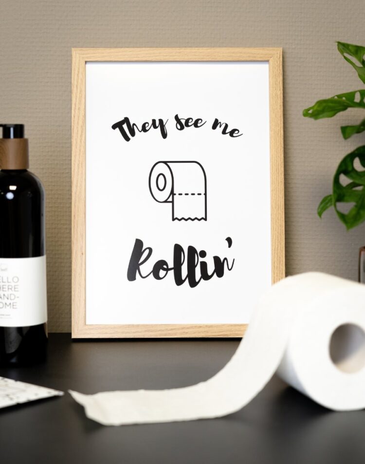 Een houten lijst op een donkere tafel met een illustratie van een toiletrol en de tekst "They see me Rollin'". Op de voorgrond ligt een afgerolde wc-papierrol, links staat een zwarte zeepdispenser en rechts staat een groene plant.