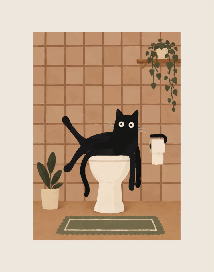Een humoristische illustratie van een zwarte kat die languit over een toiletpot ligt met bungelende poten, tegen een achtergrond van bruine tegels en groene planten.