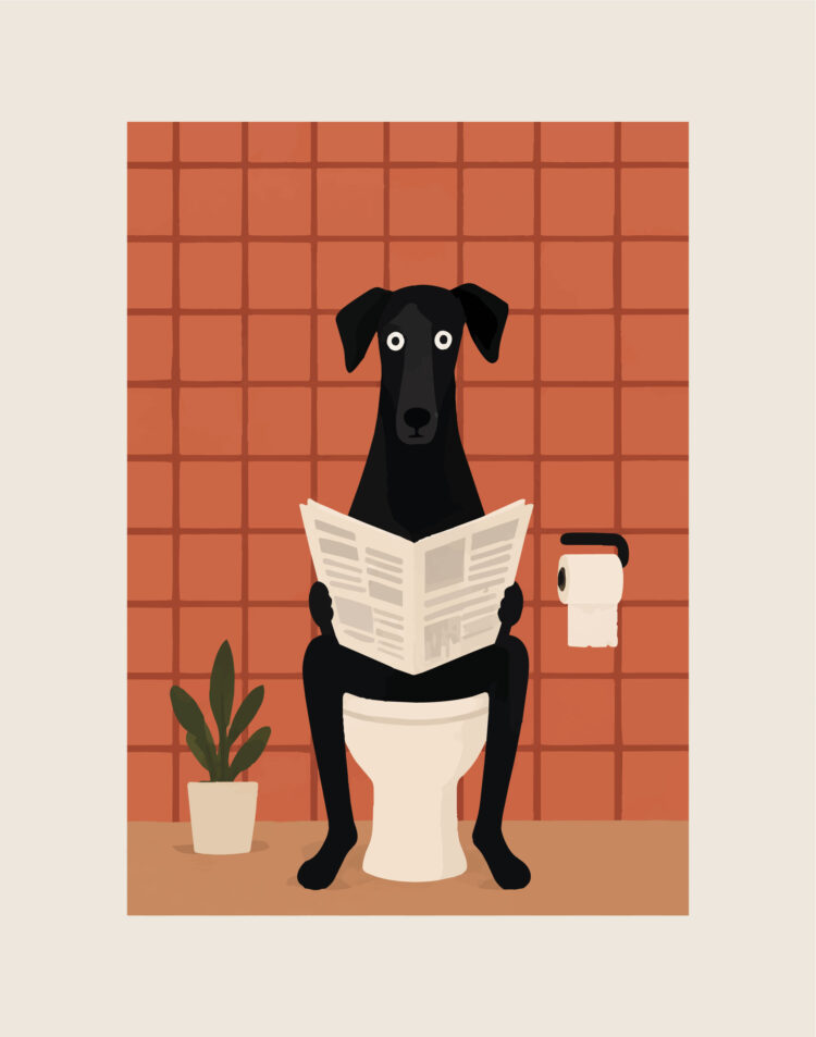 Een humoristische illustratie van een zwarte hond op een toiletpot die een krant leest, tegen een achtergrond van terracotta tegels met een kamerplant en wc-rolhouder.